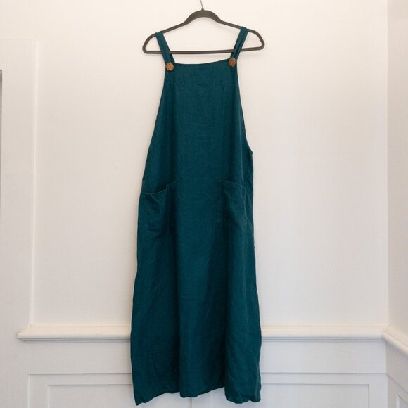 Teal Linen Overall Dress Medium Made in Hawaii Pinafore Apron Style Pockets - Picture 1 of 4